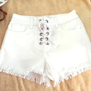 Gogo White Jean Short Fringed Lace up Shorts Sz 5